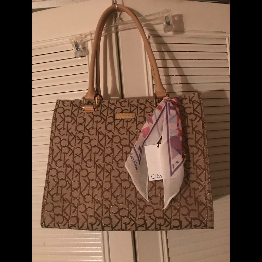 Calvin Klein brown purse with scarf accent